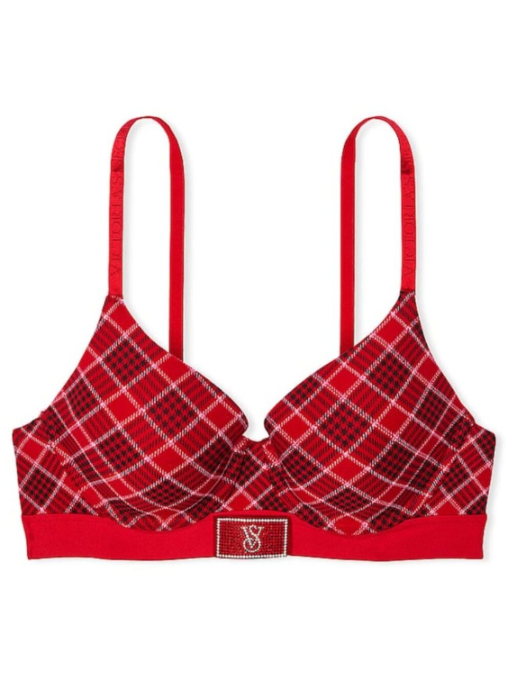 Victoria's Secret T-Shirt Lipstick Plaid Red Lined Shine Patch Bra Sz 34C